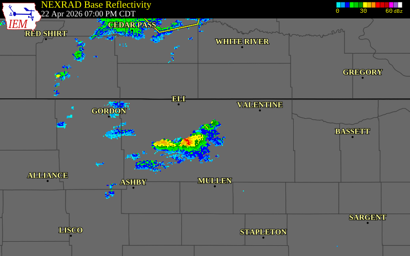 NEXRAD radar during the Wednesday, April 22, 2026 storm activity in Cherry County, Nebraska
