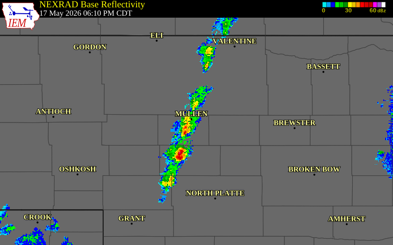 NEXRAD radar during the Sunday, May 17, 2026 storm activity in Cherry County, Nebraska