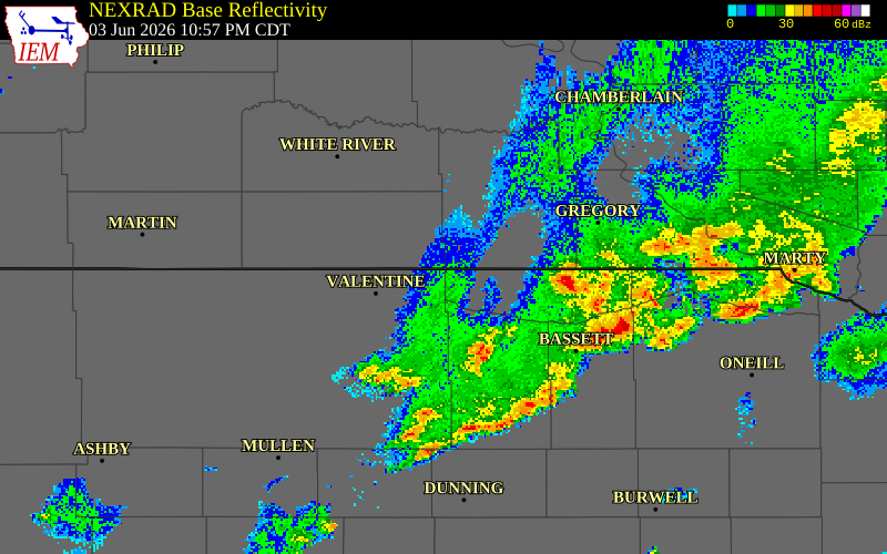 NEXRAD radar during the Wednesday, June 3, 2026 storm activity in Cherry County, Nebraska