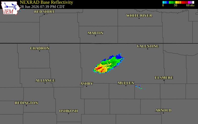 NEXRAD radar during the Sunday, June 28, 2026 storm activity in Cherry County, Nebraska