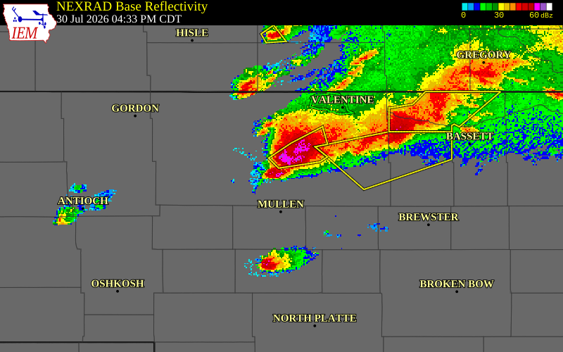 NEXRAD radar during the Thursday, July 30, 2026 storm activity in Cherry County, Nebraska