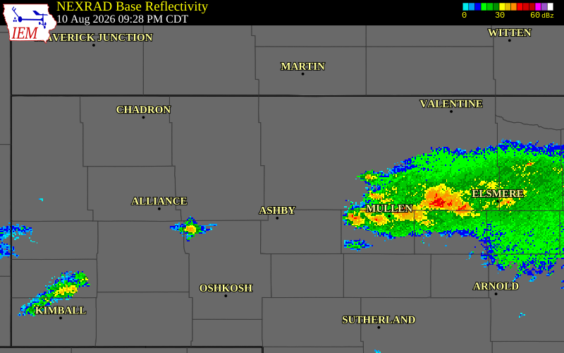 NEXRAD radar during the Monday, August 10, 2026 storm activity in Cherry County, Nebraska