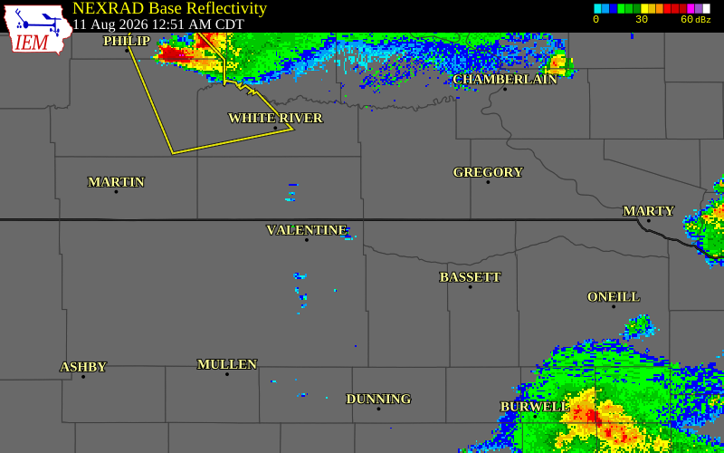 NEXRAD radar during the Tuesday, August 11, 2026 storm activity in Cherry County, Nebraska
