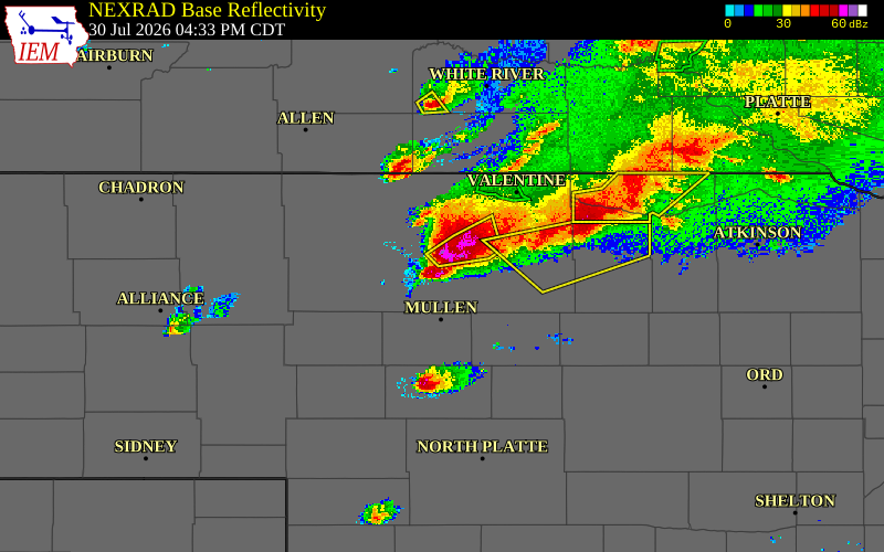 Radar snapshot during the Jul 30, 2026 tornado event near 20 N Mullen, Cherry County, Nebraska, with NWS warning polygons
