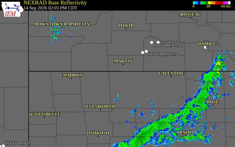 Current NEXRAD radar over Cherry County, Nebraska with recent storm report locations