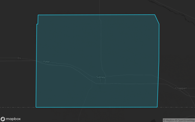 Map of Cheyenne County, Nebraska showing the county boundary and surrounding cities