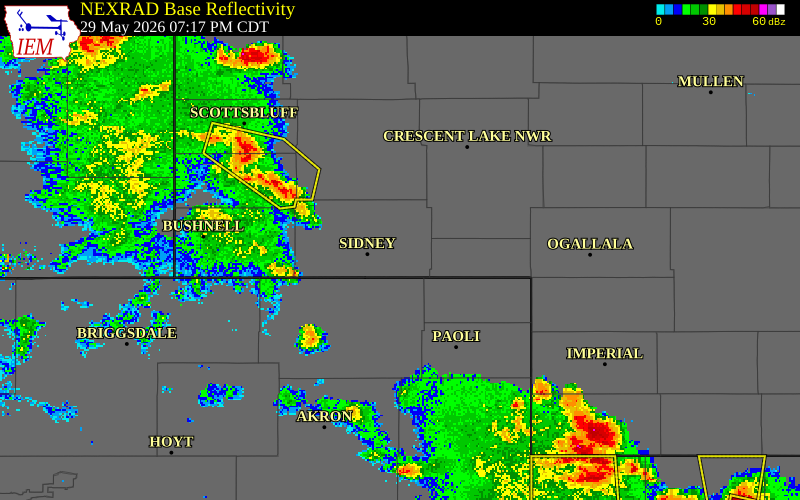 NEXRAD radar during the Friday, May 29, 2026 storm activity in Cheyenne County, Nebraska