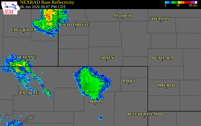 NEXRAD radar during the Saturday, June 6, 2026 storm activity in Cheyenne County, Nebraska
