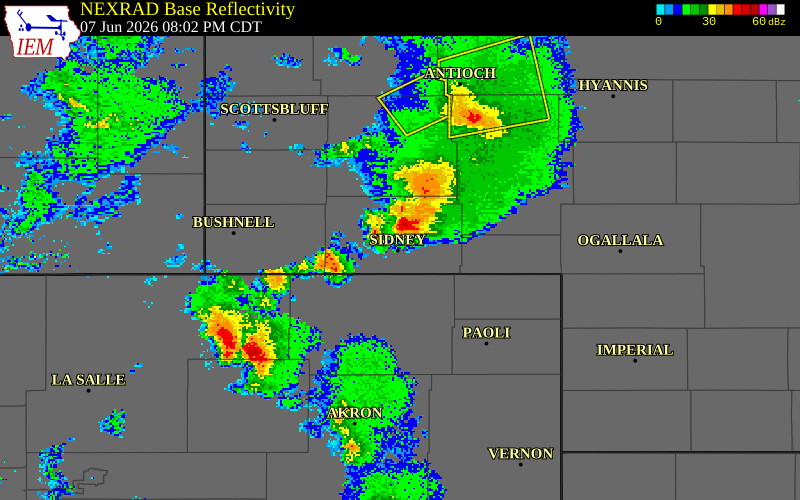 NEXRAD radar during the Sunday, June 7, 2026 storm activity in Cheyenne County, Nebraska