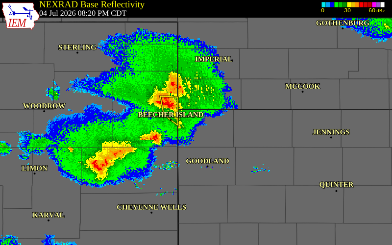NEXRAD radar during the Saturday, July 4, 2026 storm activity in Cheyenne County, Nebraska