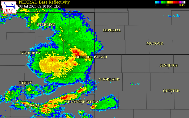 NEXRAD radar during the Wednesday, July 8, 2026 storm activity in Cheyenne County, Nebraska