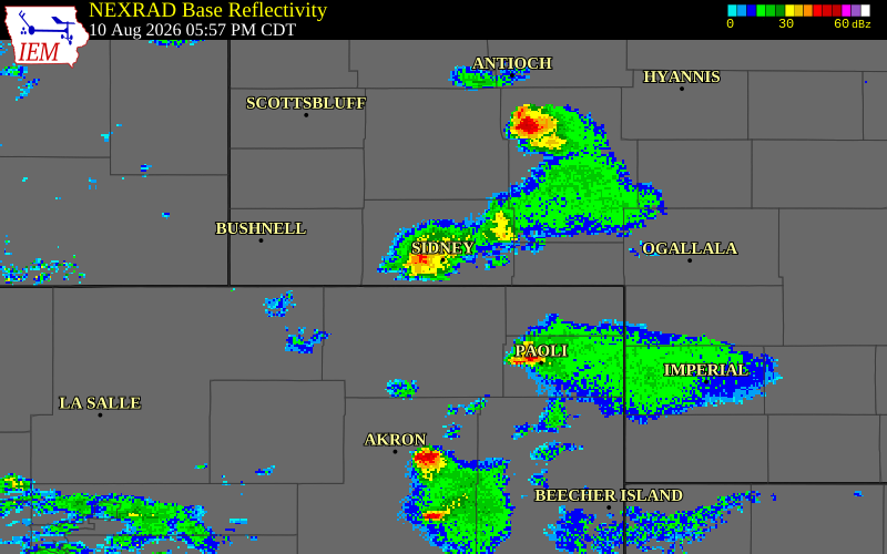 NEXRAD radar during the Monday, August 10, 2026 storm activity in Cheyenne County, Nebraska