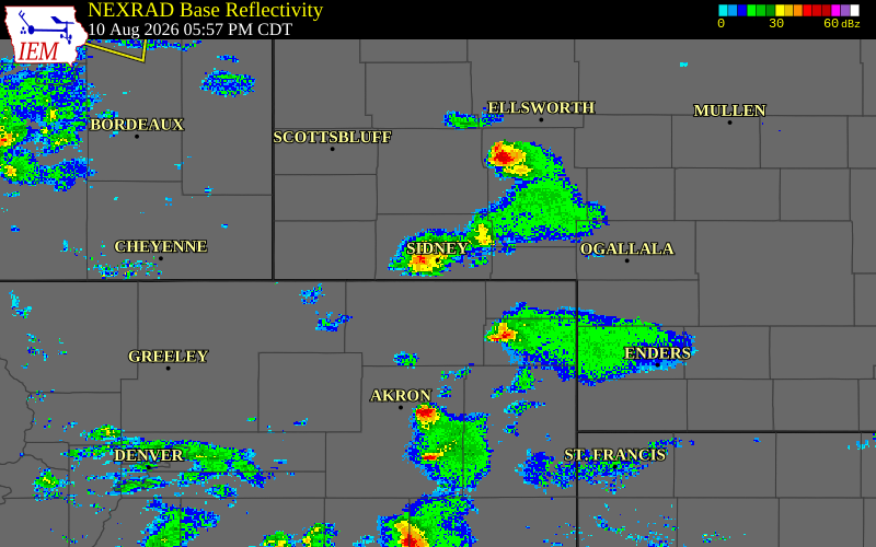 Radar snapshot during the Aug 10, 2026 tornado event near 6 S Sidney, Cheyenne County, Nebraska, with NWS warning polygons