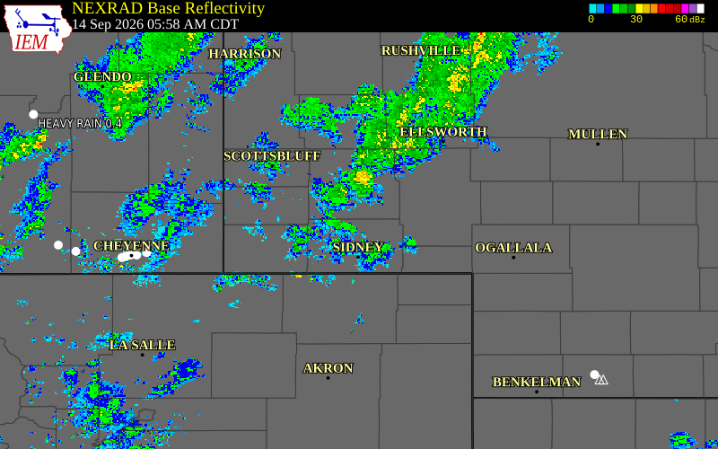 Current NEXRAD radar over Cheyenne County, Nebraska with recent storm report locations