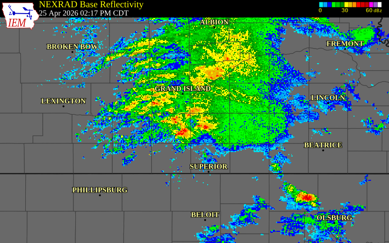 NEXRAD radar during the Saturday, April 25, 2026 storm activity in Clay County, Nebraska