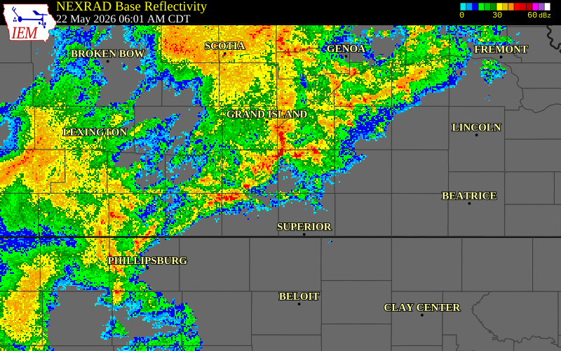 NEXRAD radar during the Friday, May 22, 2026 storm activity in Clay County, Nebraska