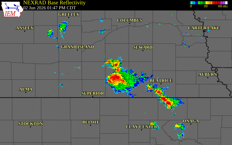 NEXRAD radar during the Tuesday, June 2, 2026 storm activity in Clay County, Nebraska