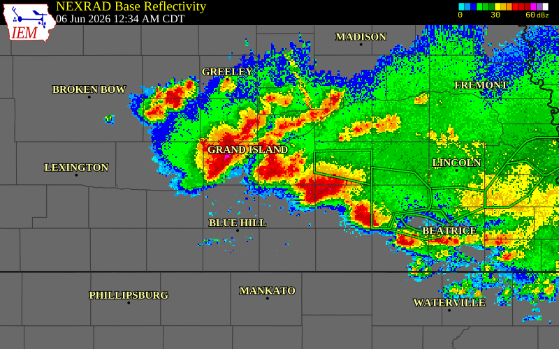 NEXRAD radar during the Saturday, June 6, 2026 storm activity in Clay County, Nebraska