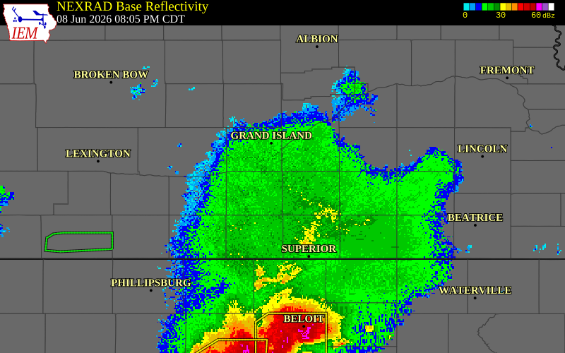 NEXRAD radar during the Monday, June 8, 2026 storm activity in Clay County, Nebraska