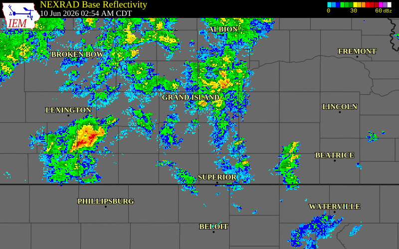 NEXRAD radar during the Wednesday, June 10, 2026 storm activity in Clay County, Nebraska
