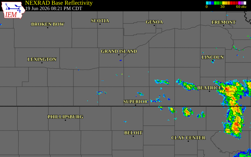 NEXRAD radar during the Friday, June 19, 2026 storm activity in Clay County, Nebraska