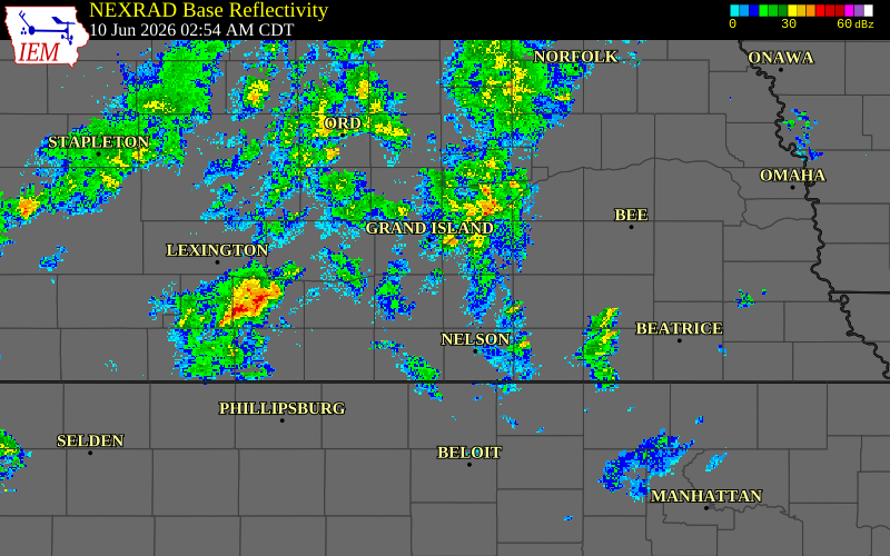 Radar snapshot during the Jun 10, 2026 hail event near Trumbull, Clay County, Nebraska, with NWS warning polygons