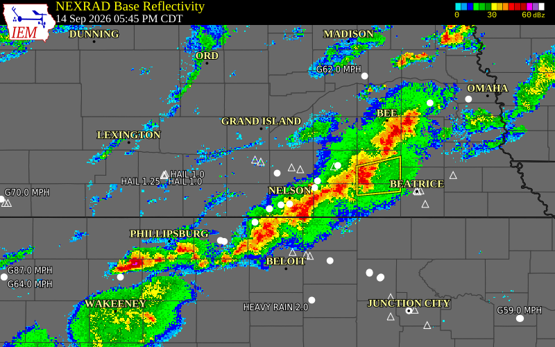 Current NEXRAD radar over Clay County, Nebraska with recent storm report locations