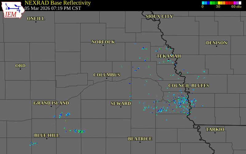 NEXRAD radar during the Thursday, March 5, 2026 storm activity in Colfax County, Nebraska