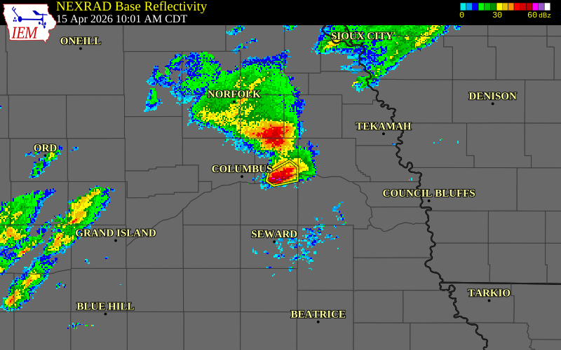NEXRAD radar during the Wednesday, April 15, 2026 storm activity in Colfax County, Nebraska