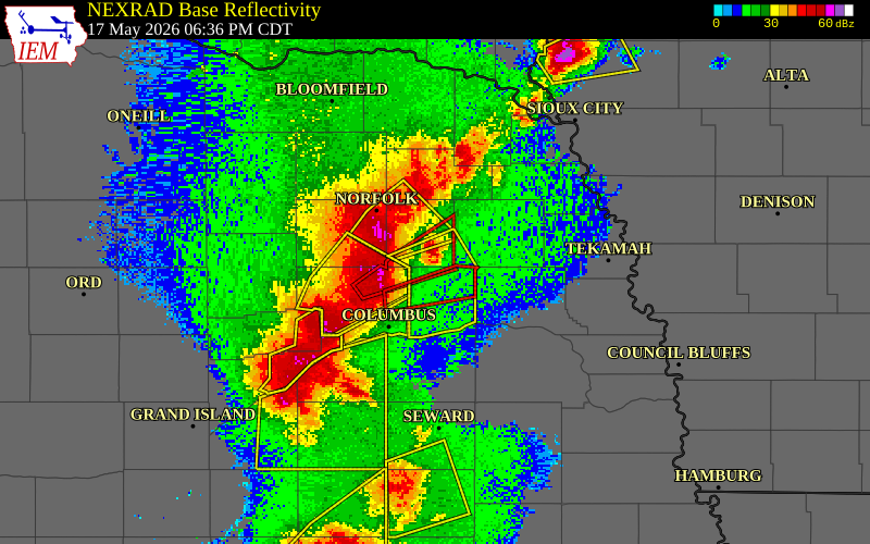 NEXRAD radar during the Sunday, May 17, 2026 storm activity in Colfax County, Nebraska