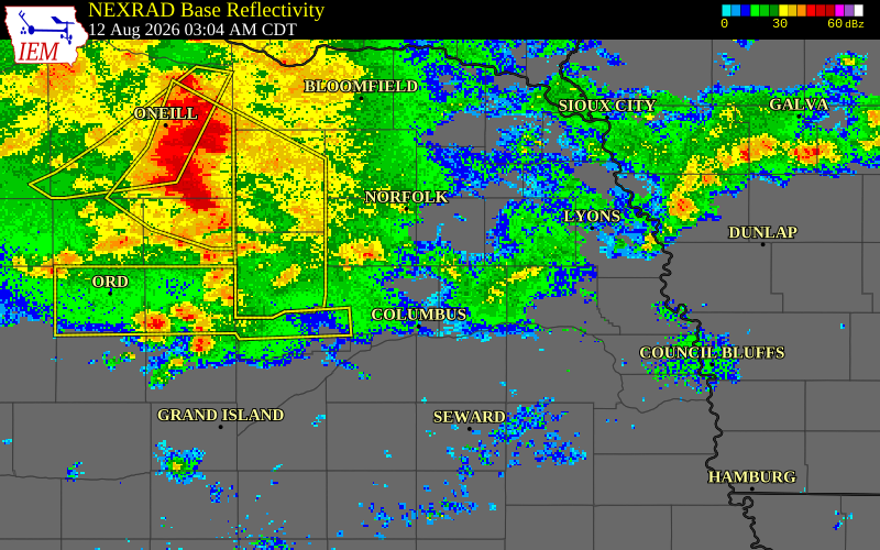 NEXRAD radar during the Wednesday, August 12, 2026 storm activity in Colfax County, Nebraska