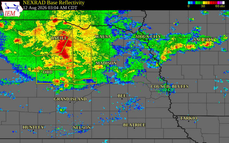 Radar snapshot during the Aug 12, 2026 tornado event near 1 SW Leigh, Colfax County, Nebraska, with NWS warning polygons