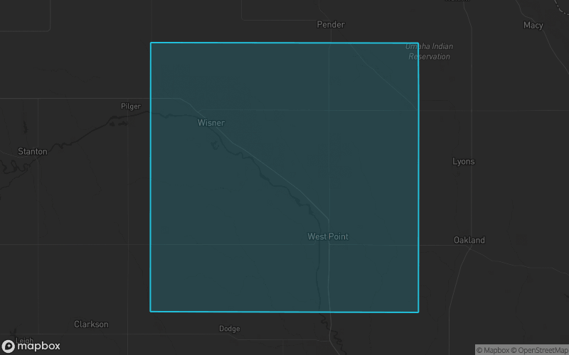 Map of Cuming County, Nebraska showing the county boundary and surrounding cities