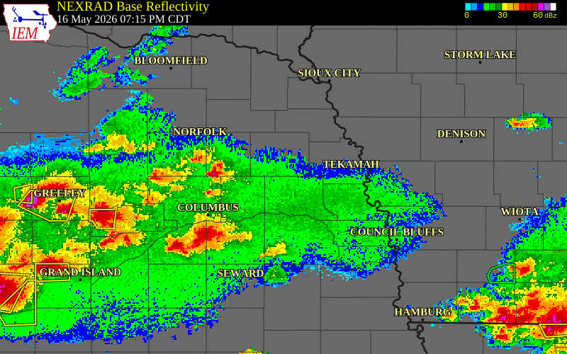 NEXRAD radar during the Saturday, May 16, 2026 storm activity in Cuming County, Nebraska