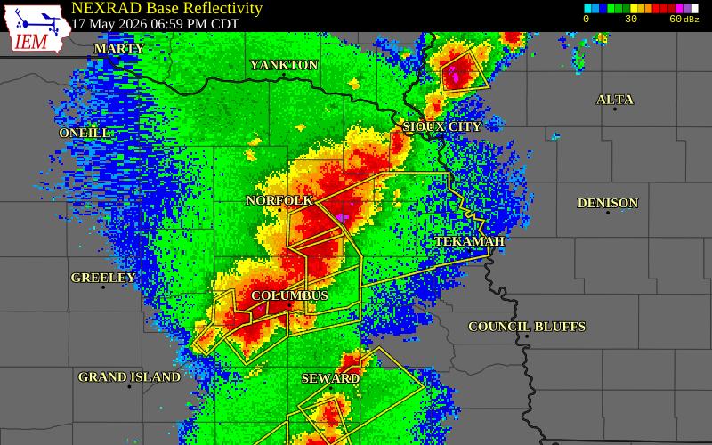 NEXRAD radar during the Sunday, May 17, 2026 storm activity in Cuming County, Nebraska