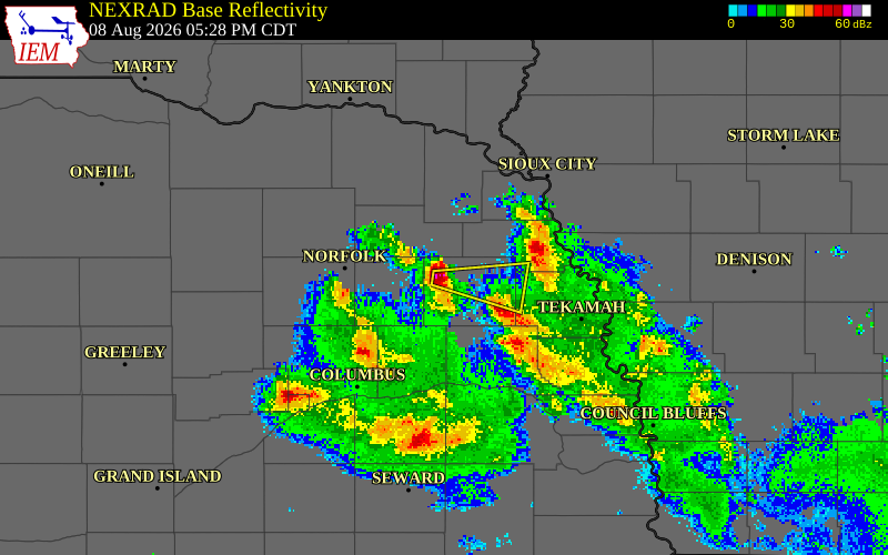 NEXRAD radar during the Saturday, August 8, 2026 storm activity in Cuming County, Nebraska