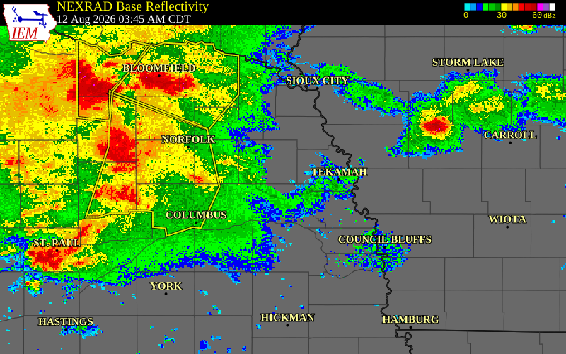 NEXRAD radar during the Wednesday, August 12, 2026 storm activity in Cuming County, Nebraska