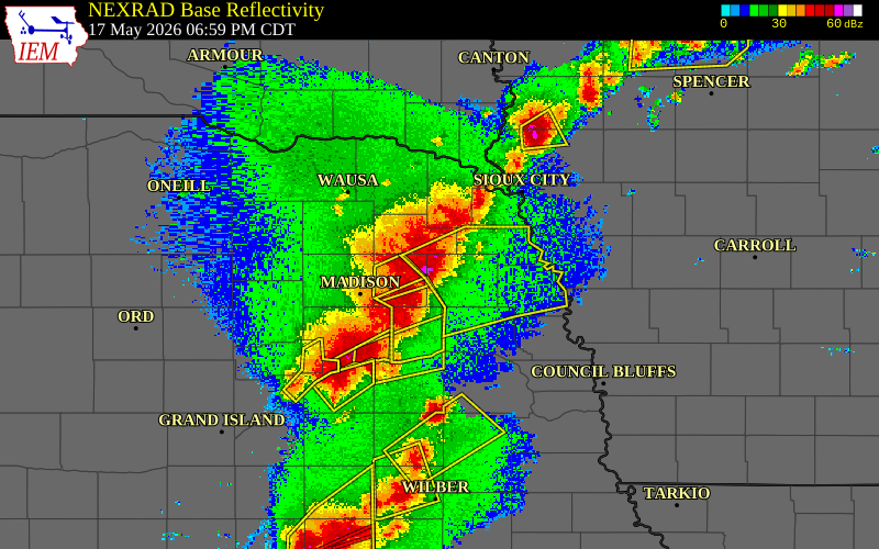 Radar snapshot during the Aug 12, 2026 wind event near 4 SE West Point, Cuming County, Nebraska, with NWS warning polygons