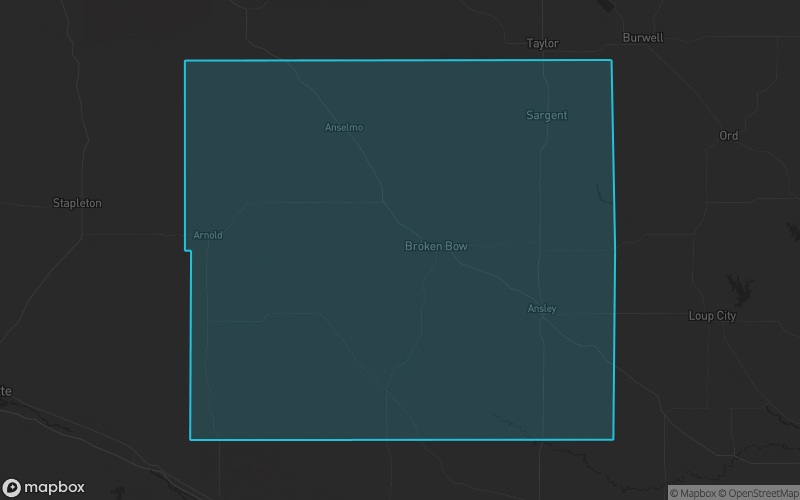 Map of Custer County, Nebraska showing the county boundary and surrounding cities