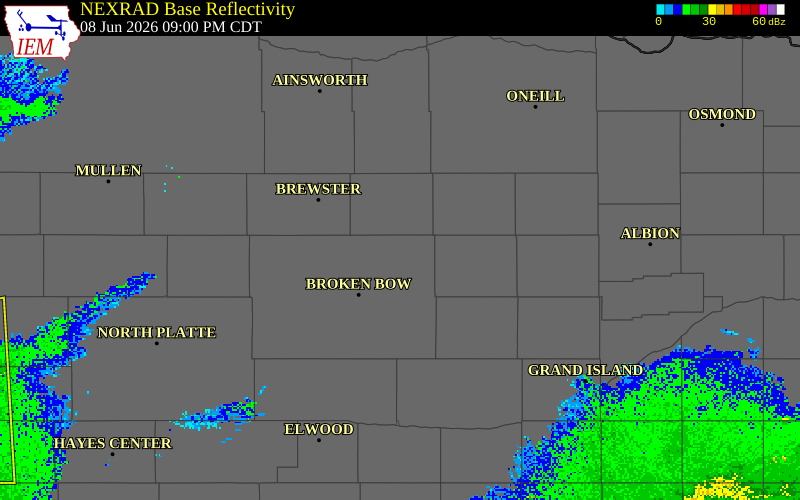 NEXRAD radar during the Monday, June 8, 2026 storm activity in Custer County, Nebraska