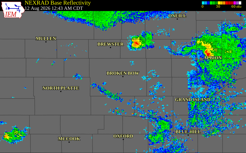 NEXRAD radar during the Wednesday, August 12, 2026 storm activity in Custer County, Nebraska