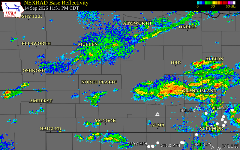 Current NEXRAD radar over Custer County, Nebraska with recent storm report locations