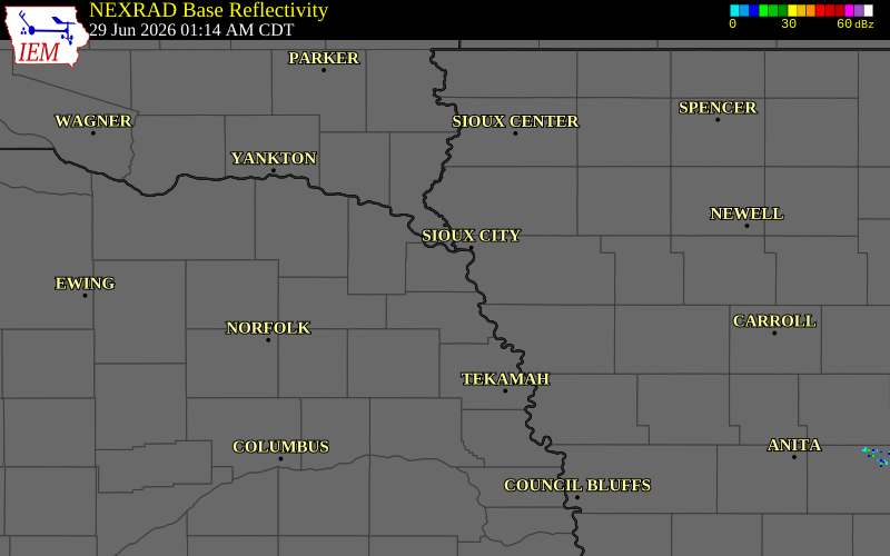 NEXRAD radar during the Monday, June 29, 2026 storm activity in Dakota County, Nebraska