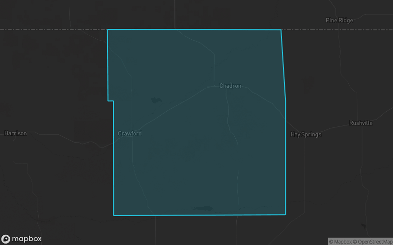 Map of Dawes County, Nebraska showing the county boundary and surrounding cities