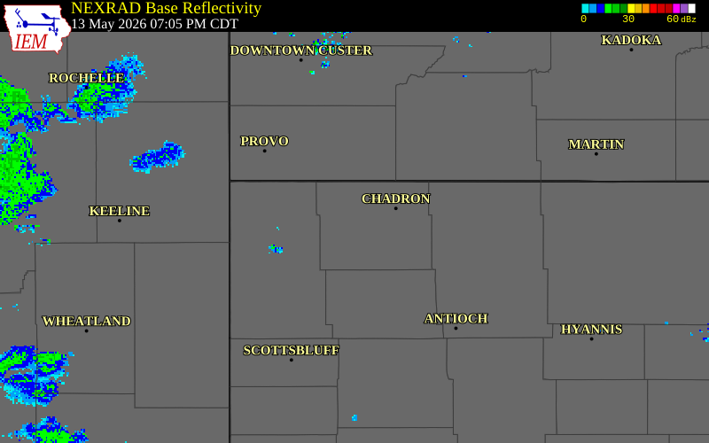 NEXRAD radar during the Wednesday, May 13, 2026 storm activity in Dawes County, Nebraska