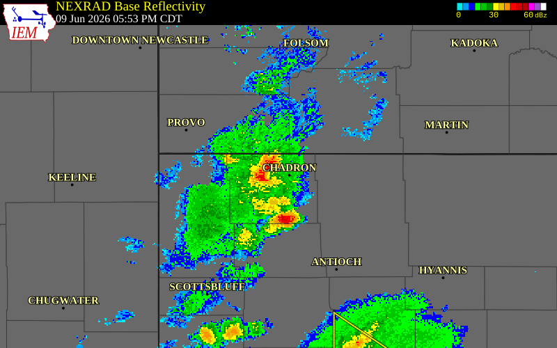 NEXRAD radar during the Tuesday, June 9, 2026 storm activity in Dawes County, Nebraska