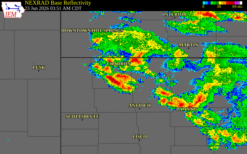 NEXRAD radar during the Tuesday, June 23, 2026 storm activity in Dawes County, Nebraska