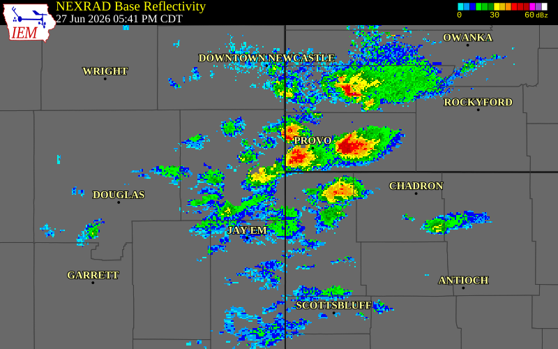 NEXRAD radar during the Saturday, June 27, 2026 storm activity in Dawes County, Nebraska