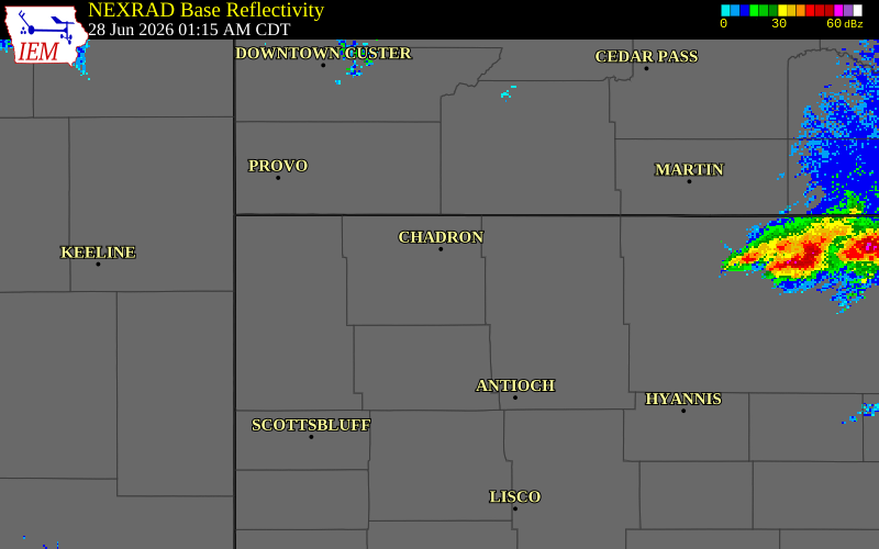 NEXRAD radar during the Sunday, June 28, 2026 storm activity in Dawes County, Nebraska