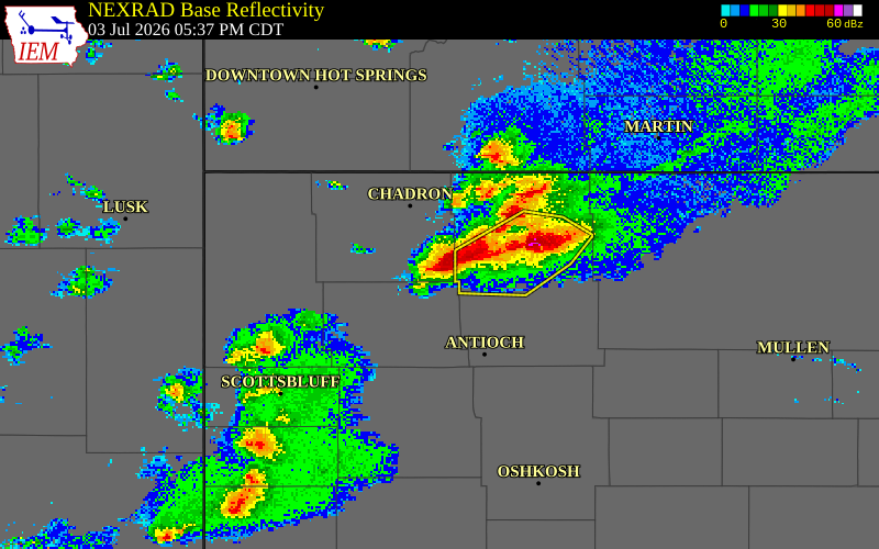 NEXRAD radar during the Friday, July 3, 2026 storm activity in Dawes County, Nebraska